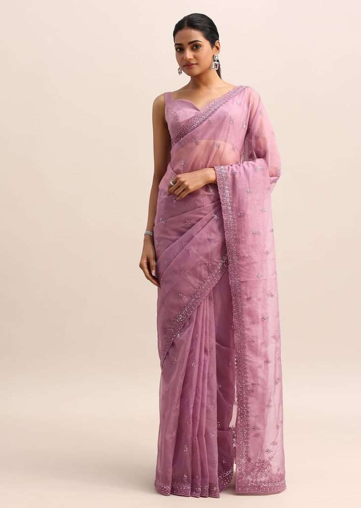 Purple Organza Saree With Beads And Sequin Work And Unstitched Blouse
