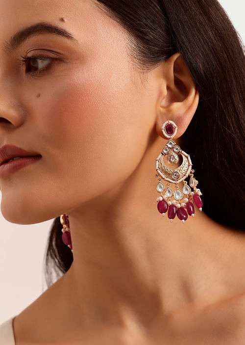 Red And Gold Mix Metal Kundan Dangler Earrings
