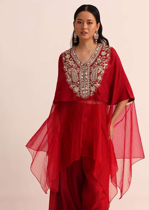 Red Embroidered Silk Crop Top Palazzo And Cape
