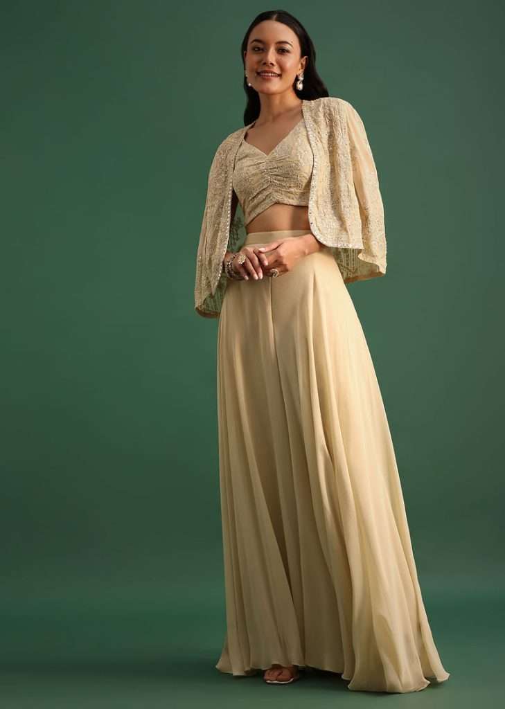 Beige Georgette Crop Top And Palazzo Set With Resham Work
