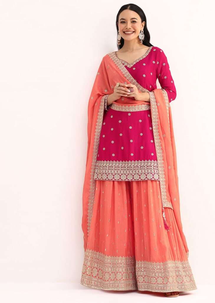 Pink And Peach Kurta Palazzo With Dupatta In Zari Work

