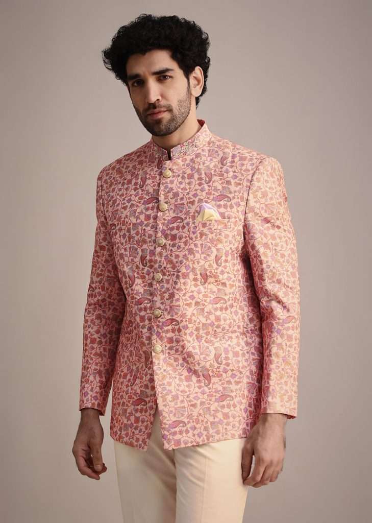 White And Cream Printed Silk Jodhpuri Suit
