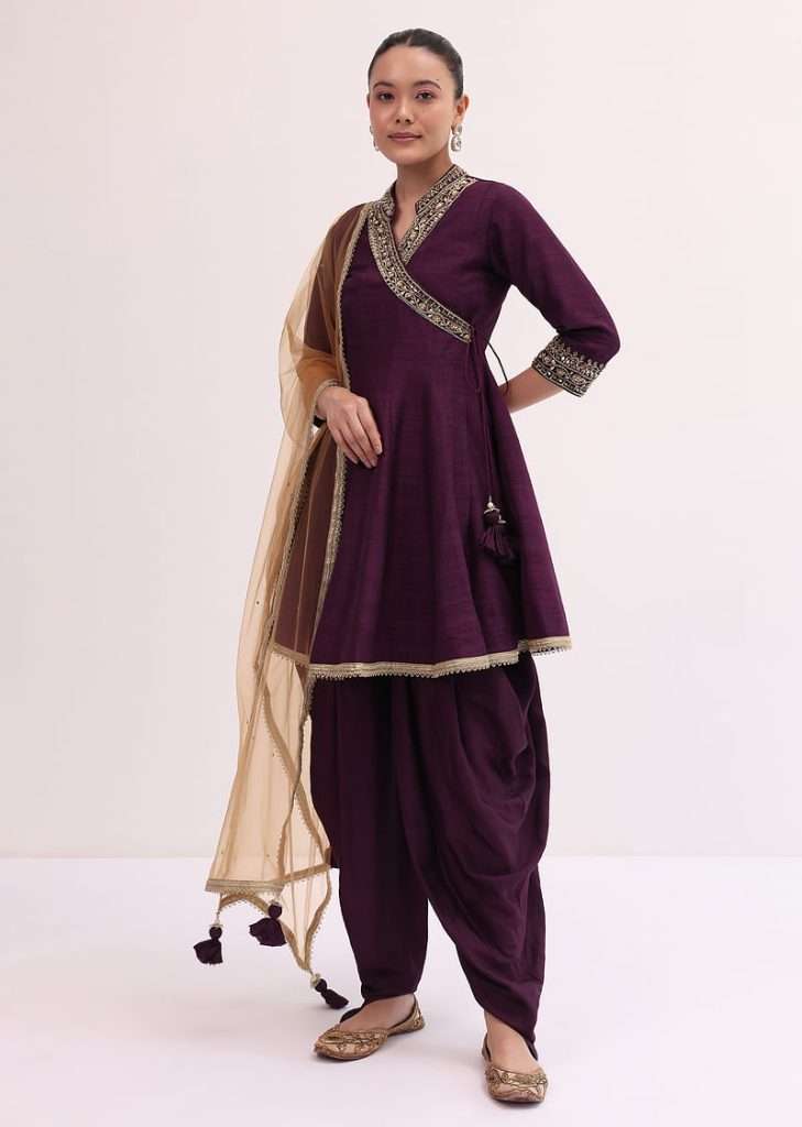 Wine Embroidered Kurta Dhoti Set
