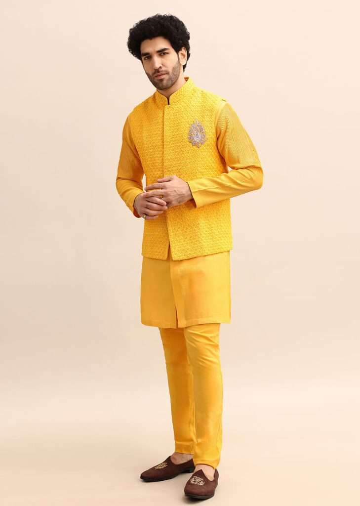 Yellow Kurta Set With Hand Embroidered Jacket