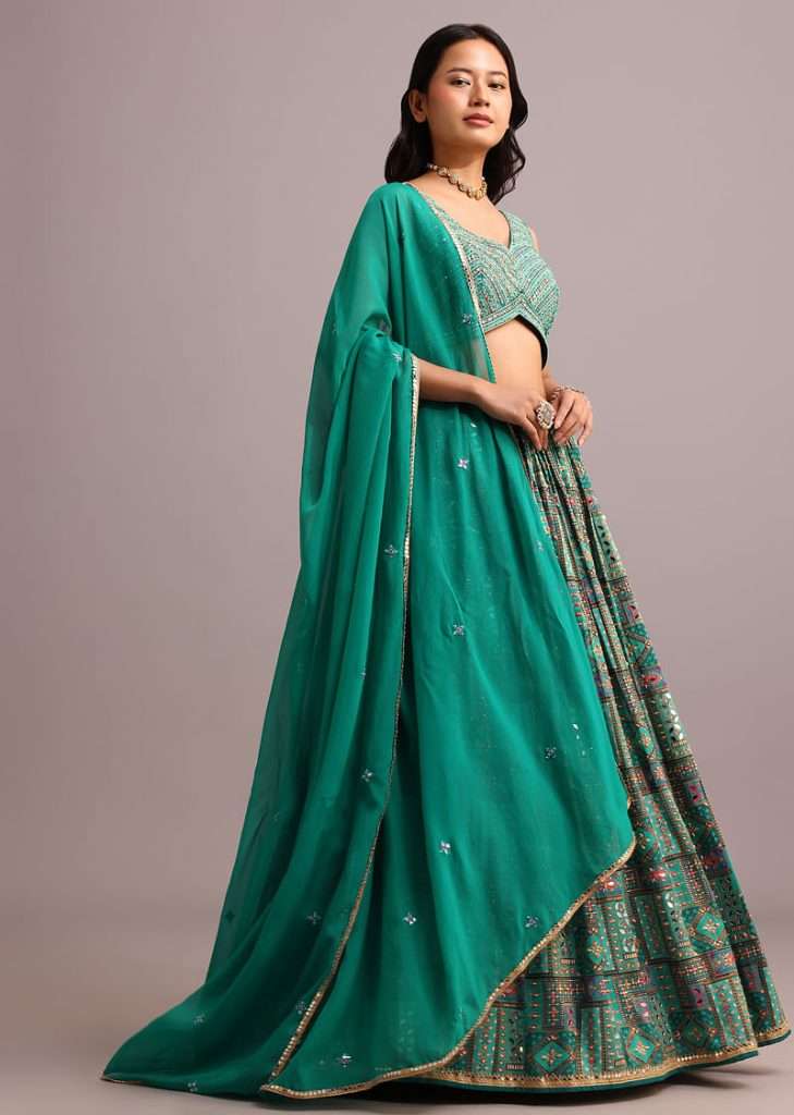 Aqua Green Banarasi Silk Embroidered Lehenga With Butti Work Organza Dupatta