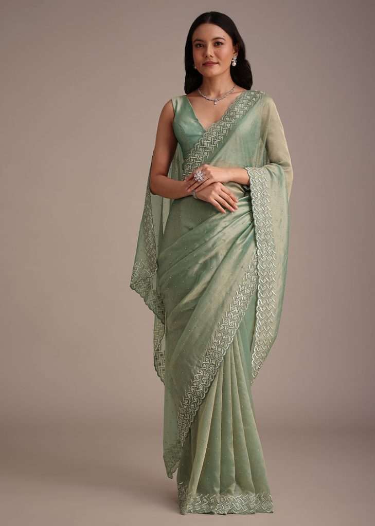 Sea Green Tissue Saree With Cutdana And Stone Embroidery
