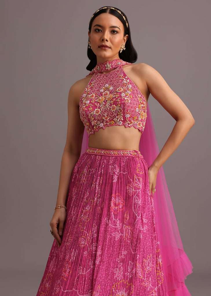 Pink Hand Embroidered Choli With Bandhani Print Lehenga And Choker Net Dupatta