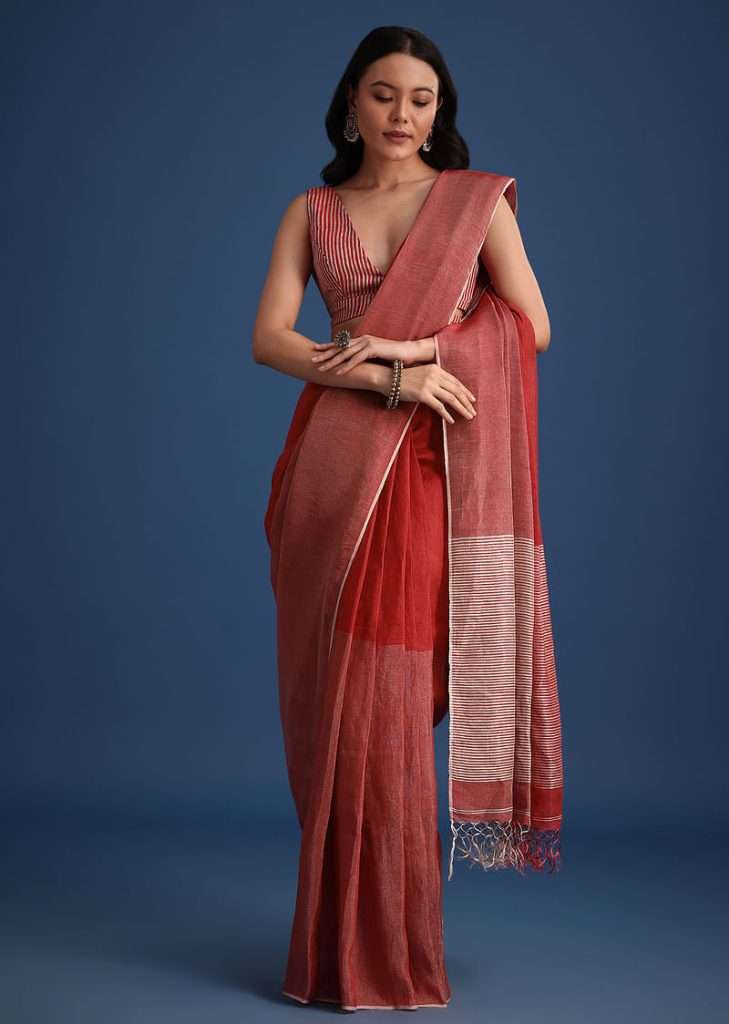 Red Linen Tissue Saree With Zari Border Pallu