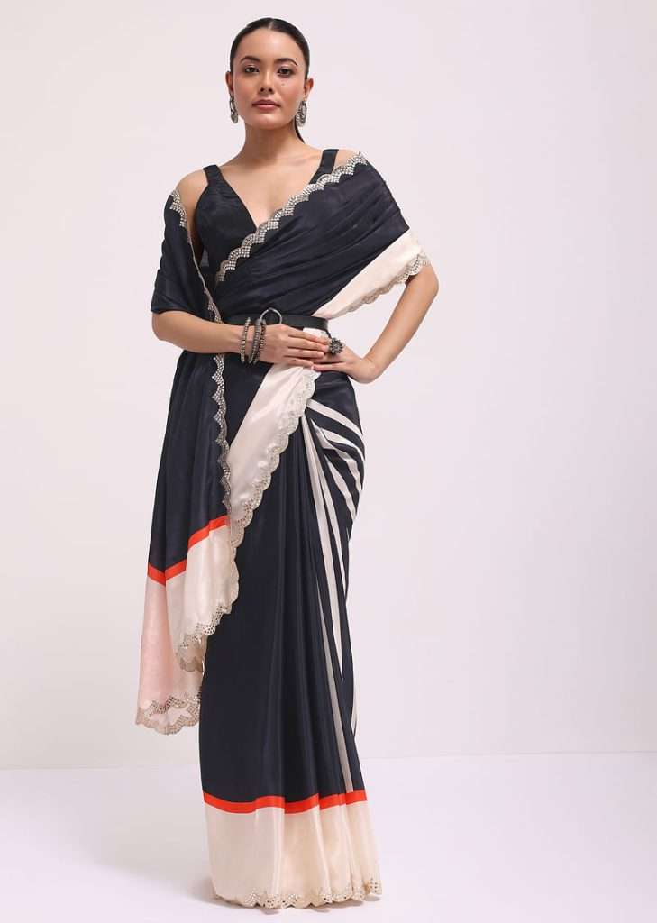 Black Printed Muslin Saree With Mirror Work And Unstitched Blouse