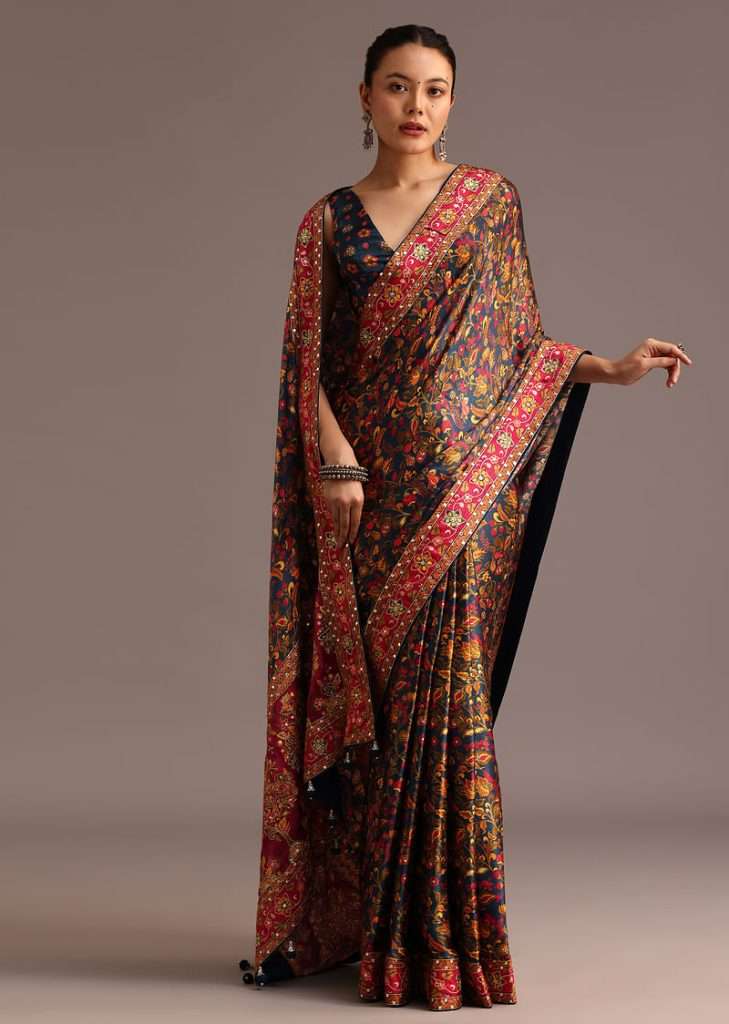 Navy Blue Satin Floral Printed Saree With Embellished Pallu And Unstitched Blouse