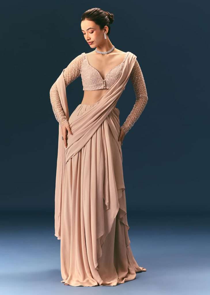 Pink Embroidered Draped Skirt Saree With Blouse