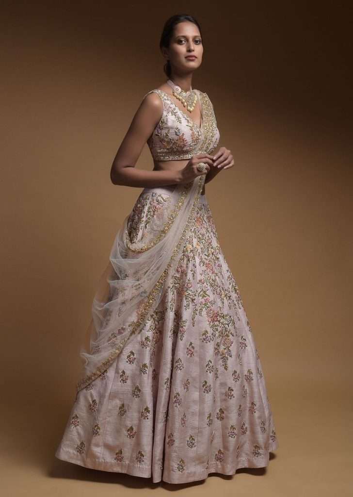 Baby Pink Lehenga Choli In Raw Silk With Hand Embroidered Resham Flowers