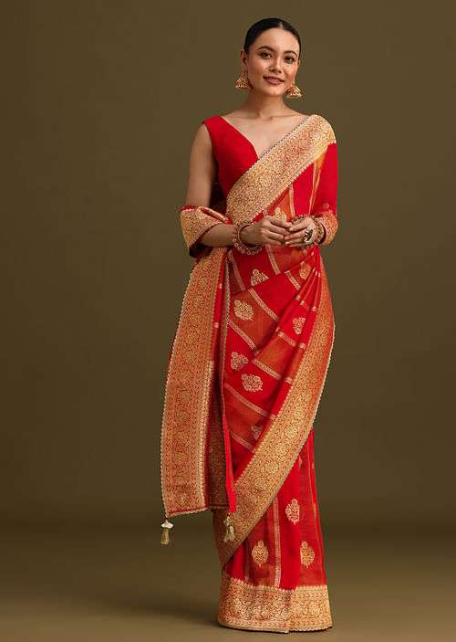 Rust Red Dual Shaded Saree With Zari Brocade Pallu And Unstitched Blouse