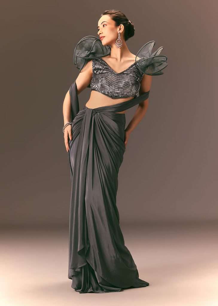 Metallic Pre Draped Saree With 3D Ruffle Blouse
