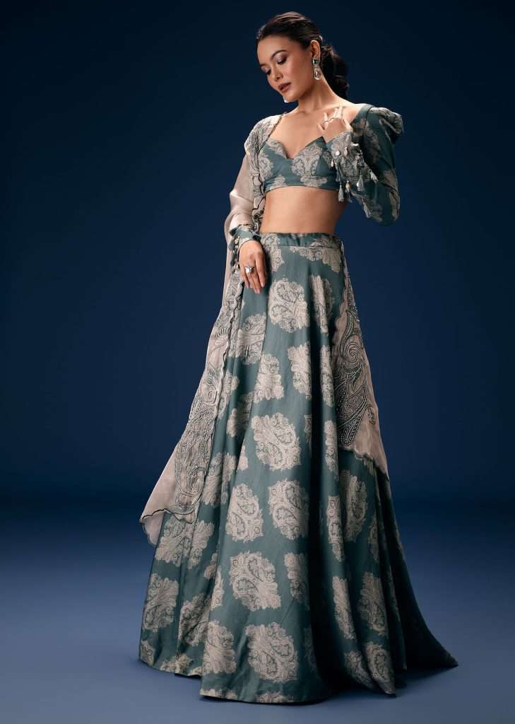 Pearl Blue Printed Lehenga Set With Embroidered Oyster Organza Dupatta
