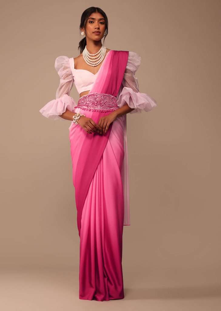 Ombre Pink Satin Saree With Hand Embroidered Belt
