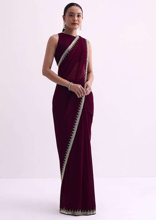 Wine Georgette Saree With Cutdana Work Border And Unstitched Blouse Fabric
