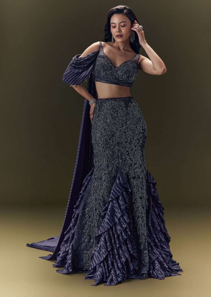 Embroidered Bodice Lehenga With Puff Sleeves Cape

