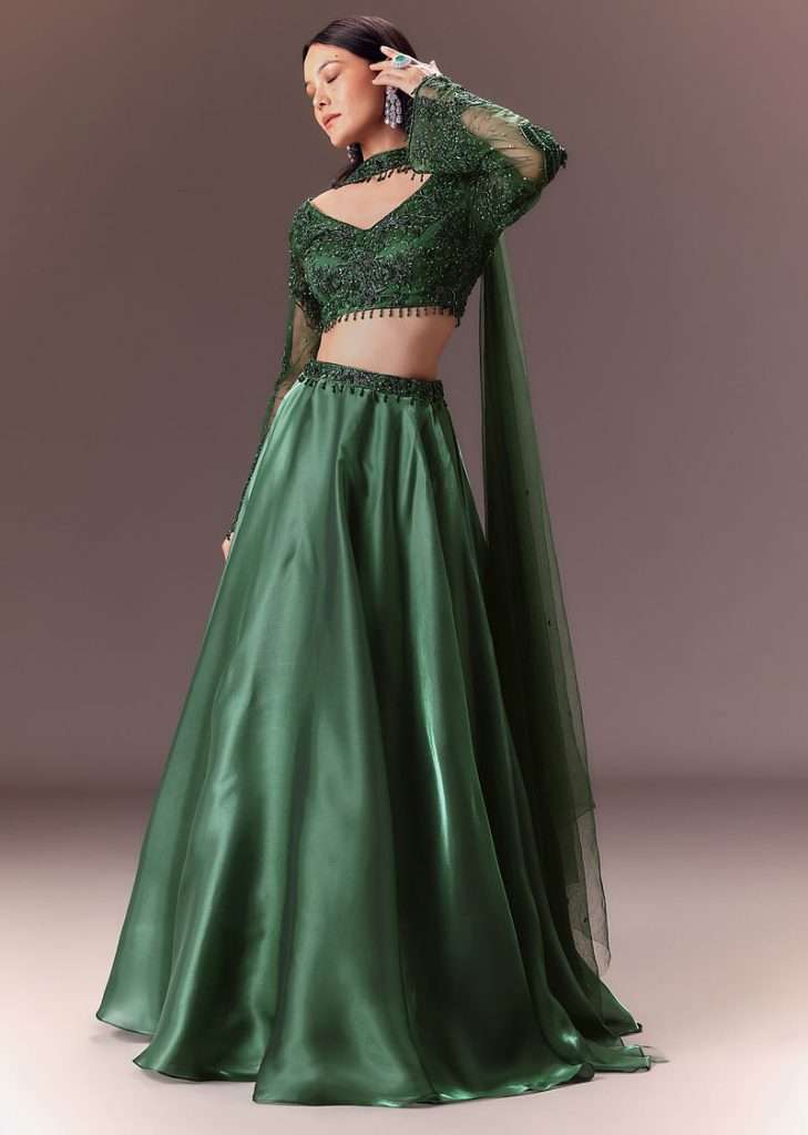 Bottle Green Organza Lehenga Set With Hand Work
