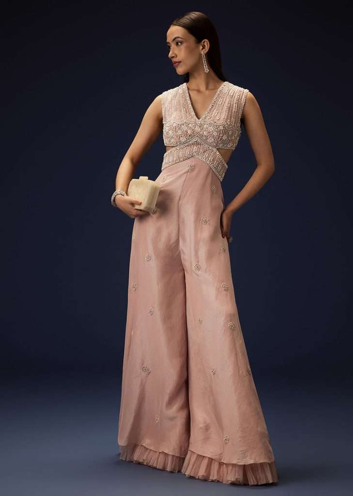 Flaming Peach Hand Embroidered Double Layer Jumpsuit