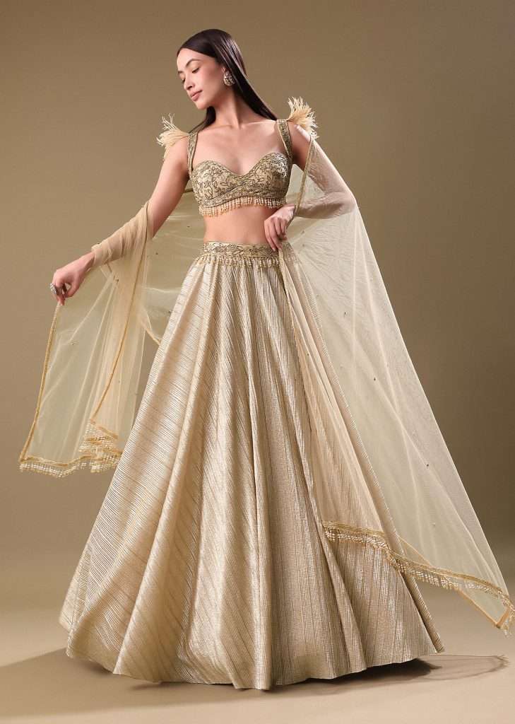 Gold Pre Pleated Lehenga With Embellished Blouse And Net Dupatta
