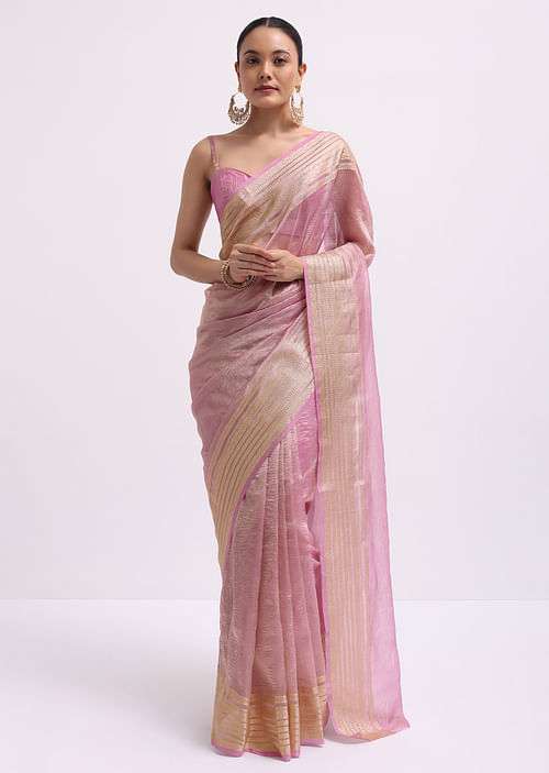 Pink Zari Woven Chanderi Saree With Unstitched Blouse
