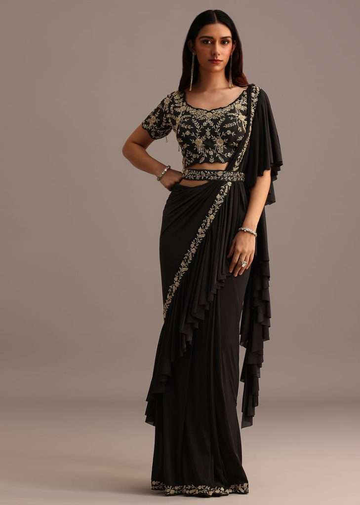 Black Ready Pleated Frills Saree With Embroided Blouse And Belt
