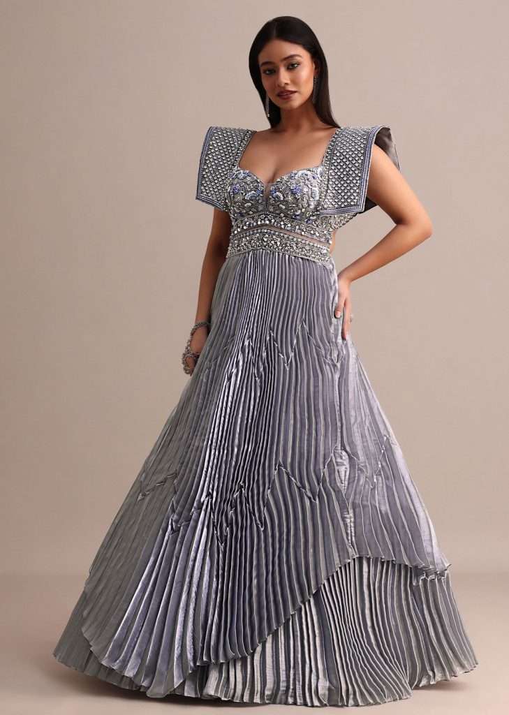 Ice Blue Organza Double Layered Circular Pleated Gown With Fancy Sleeves
