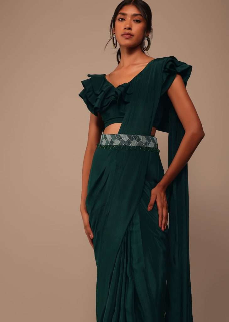 Bottle Green Crepe Saree With Fancy Blouse And Embroidered Belt

