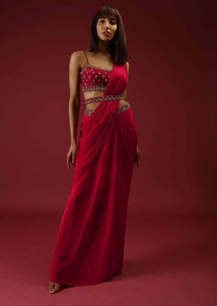 Cranberry Red Ready Pleated Saree With A Multicolored Hand Embroidered Blouse And Belt
