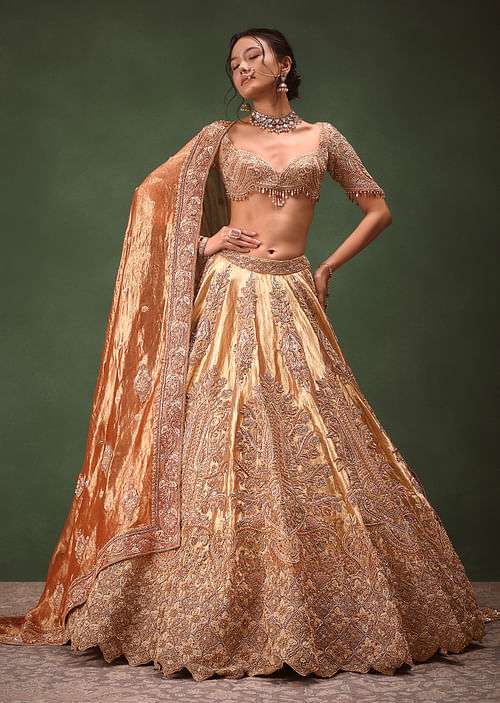 Gold Hand Embroidered Lehenga Set With Zardosi and Gold Sequence Work