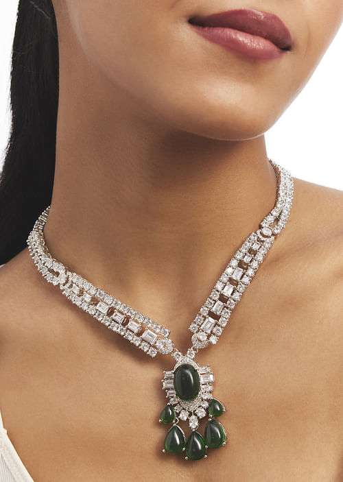 Silver And Green Stone Studded Necklace Set
