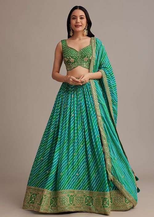 Green Leheriya Lehenga Set With Zardosi And Sequins Work

