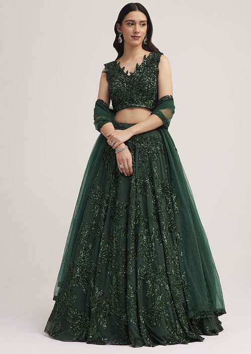 Dark Green Sequin Embellished Lehenga Set
