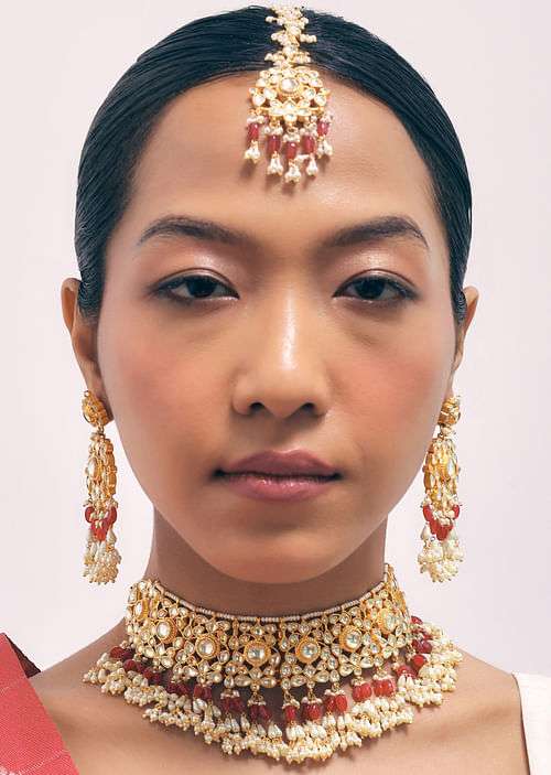 Gold Finish Ruby Stone Choker Set With Kundan Work
