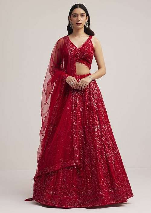 Red Sequin Embellished Lehenga Set
