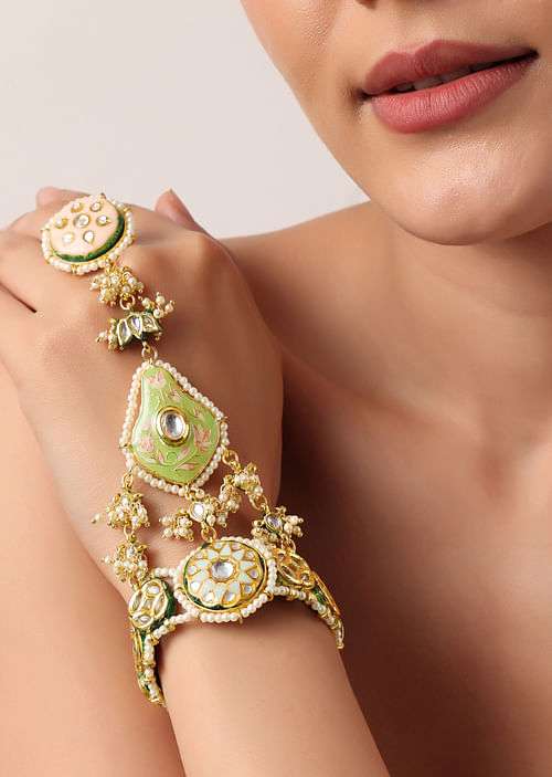 Pink And Green Hathphool With Meenakari Pendant And Kundan Stones
