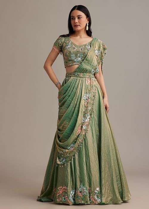 Green Organza Tissue Lehenga Set With Sequins And Bead Work
