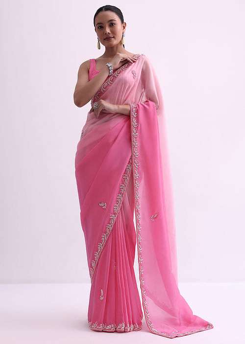 Pink Ombre Shaded Saree In Satin With Sequin Border And Unstitched Blouse Fabric