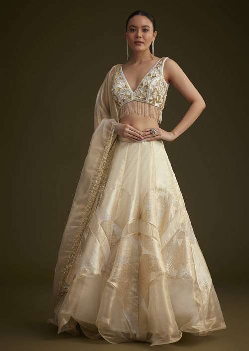Gold And White Net Embroidered Lehenga Set With Organza Dupatta
