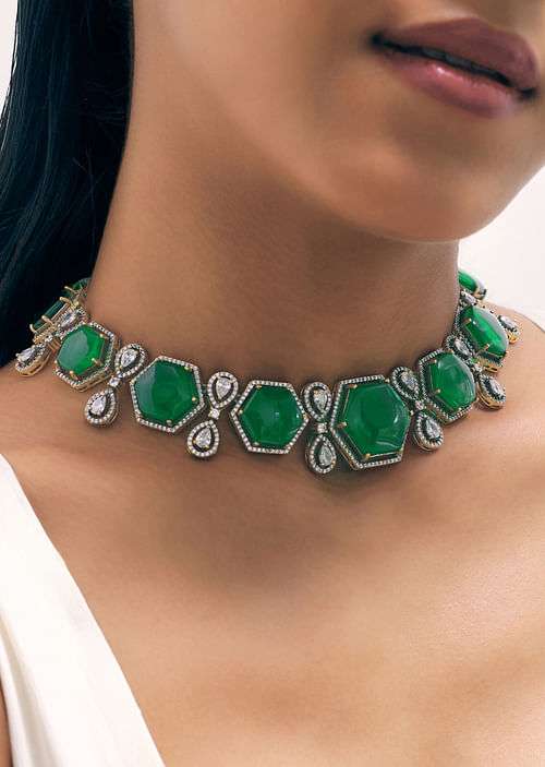 Gold Finish Emerald Stone Short Necklace Set
