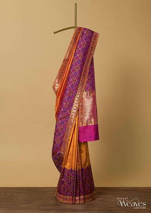Orange And Pink Banarasi Ikat Patola Weave Saree With Unstitched Blouse Piece
