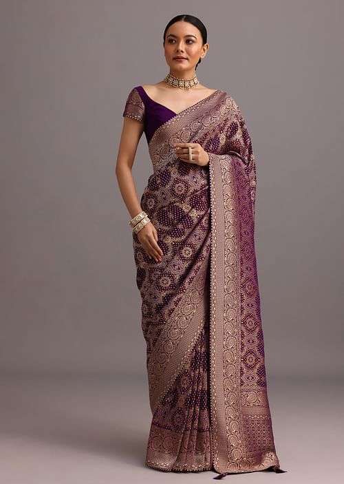 Purple Khaddi Georgette Woven Saree In Bandhani Detail With Gotta Patti Border
