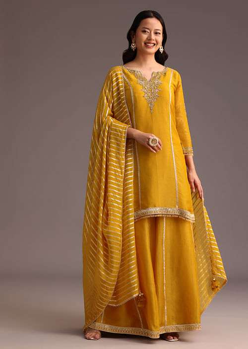 Mustard Embroidered Kurta Palazzo Set With Dupatta
