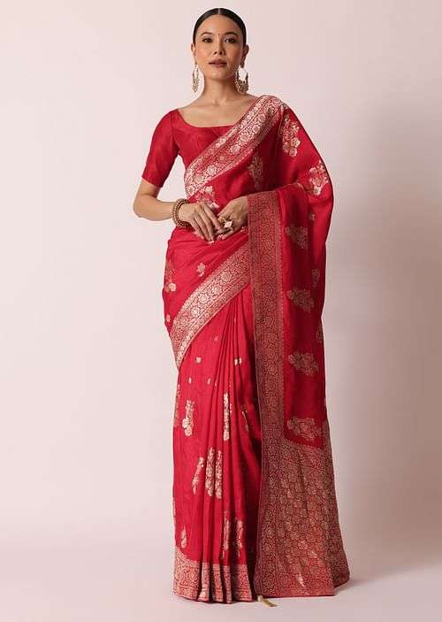 Red Banarasi Silk Saree With Woven Floral Motifs And Unstitched Blouse Piece
