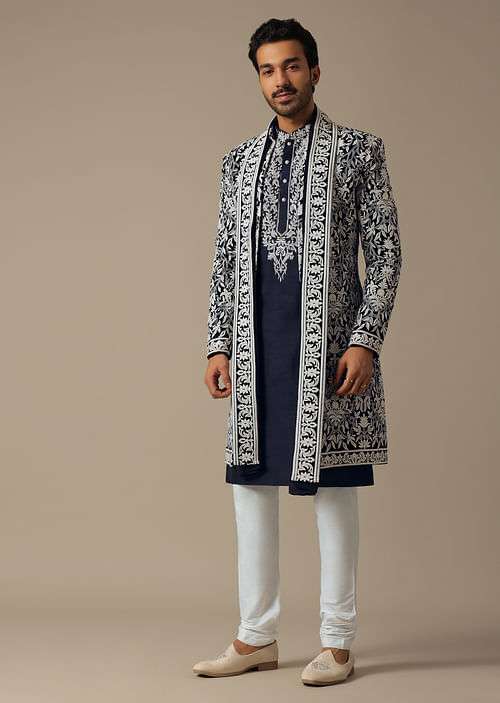 Elegant Blue Grooms Indowestern Ensemble
