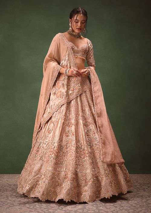 Peach Chanderi Silk Hand Work Lehenga Set With Dupatta

