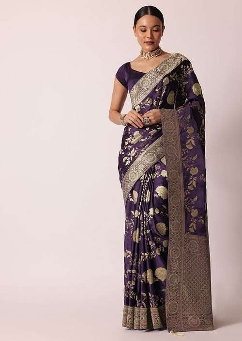 Purple Banarasi Saree With Floral Jaal Woven Pallu And Unstitched Blouse Piece
