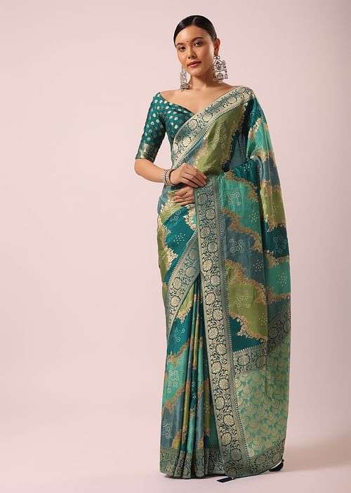 Green Silk Rangkat Saree With Bandhani Detail
