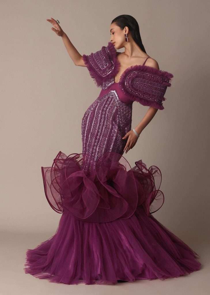 Deep Purple Organza Fish Cut Gown With 3D Ruffles

